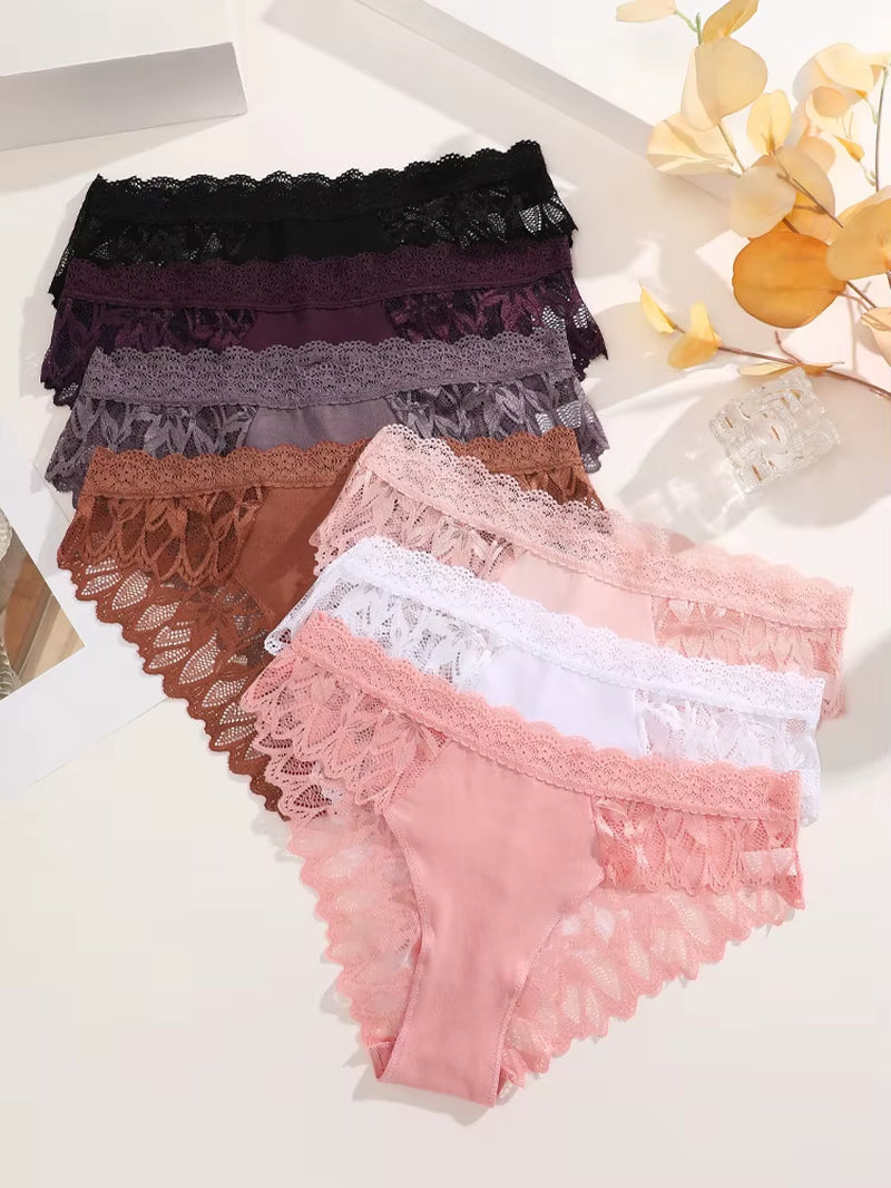 6Pcs/Set Lace Seamless Panties Patchwork Hollow Out Underwear for Women Sexy Breathable Solid Briefs Soft Silk Lingerie
