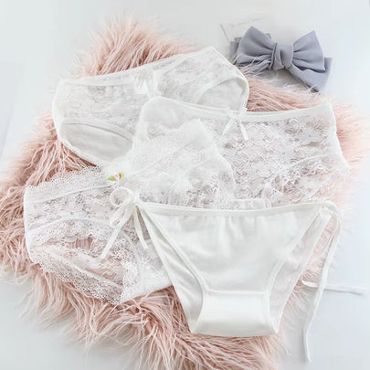4Pieces/Lot Women Panties Cotton Sexy Lace Underpants Black White Gray 3Colors Bow-Knot Briefs Girls Soft Knickers