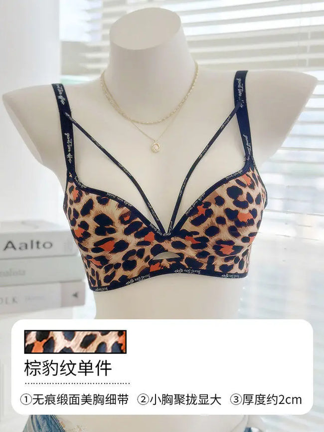Leopard Lace Bras for Women Push up Lift Small Bust Full Coverage Wireless Sexy Bralette anti Sagging Lingerie