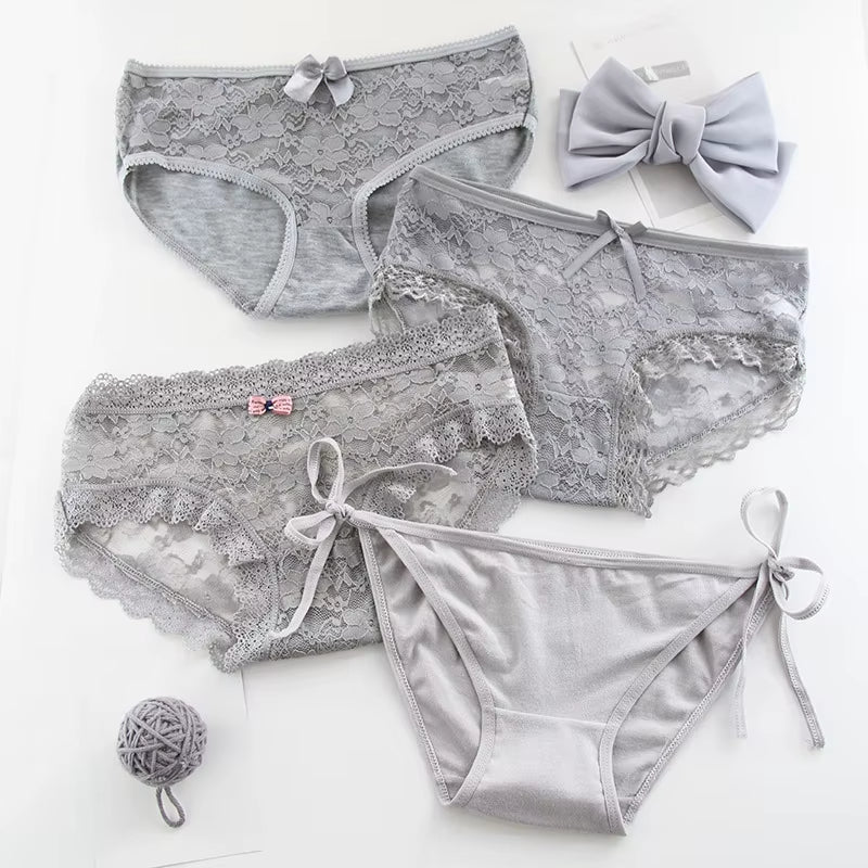 4Pieces/Lot Women Panties Cotton Sexy Lace Underpants Black White Gray 3Colors Bow-Knot Briefs Girls Soft Knickers