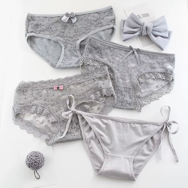 4Pieces/Lot Women Panties Cotton Sexy Lace Underpants Black White Gray 3Colors Bow-Knot Briefs Girls Soft Knickers